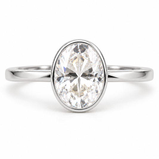 Oval Moissanite Engagement Ring - Bezel Set - White gold - front view