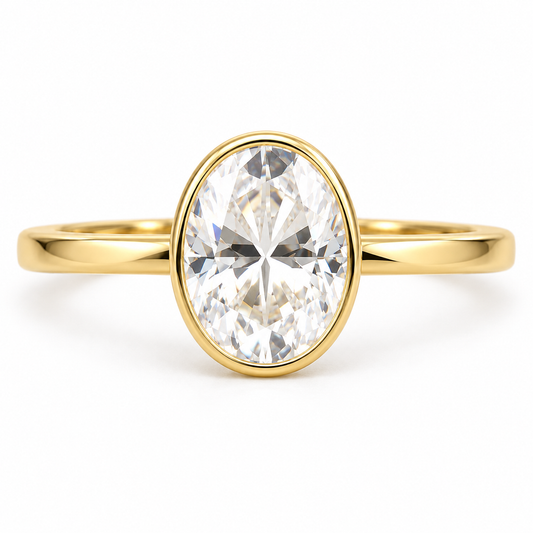 Oval Moissanite Engagement Ring - Bezel Set - Yellow gold - front view