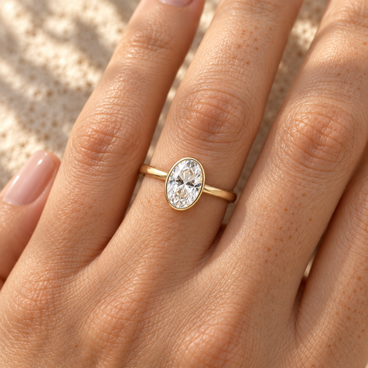 Oval Moissanite Engagement Ring - Bezel Set - Yellow gold - worn on the hand