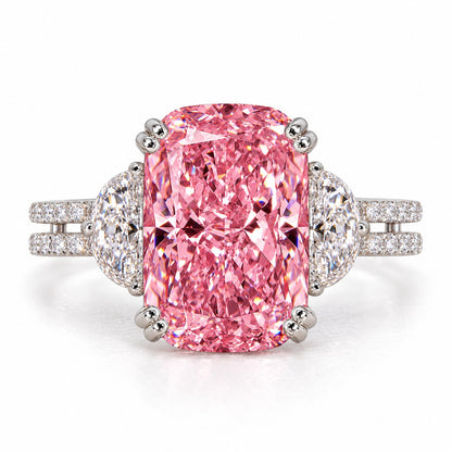 Pink Elongated Cushion Cut Lab Grown Diamond Engagement Ring - Half Moon Split Shank in white gold, front view