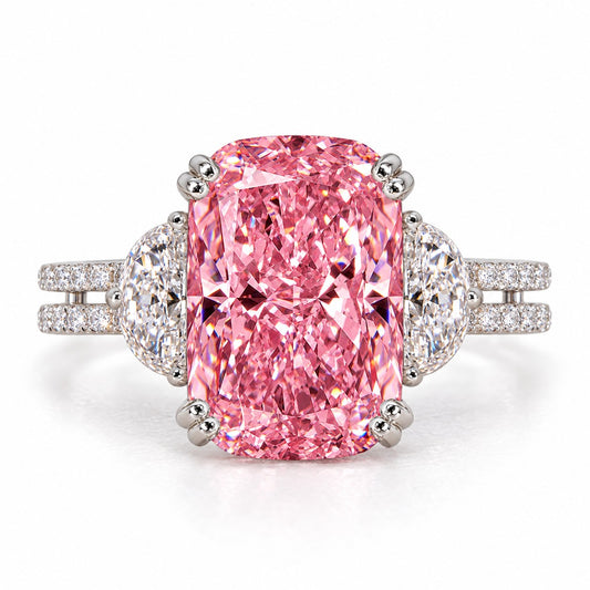 Pink Elongated Cushion Cut Lab Grown Diamond Engagement Ring - Half Moon Split Shank in white gold, front view