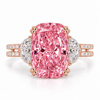 Pink Elongated Cushion Cut Lab Grown Diamond Engagement Ring - Half Moon Split Shank in rose gold, front view