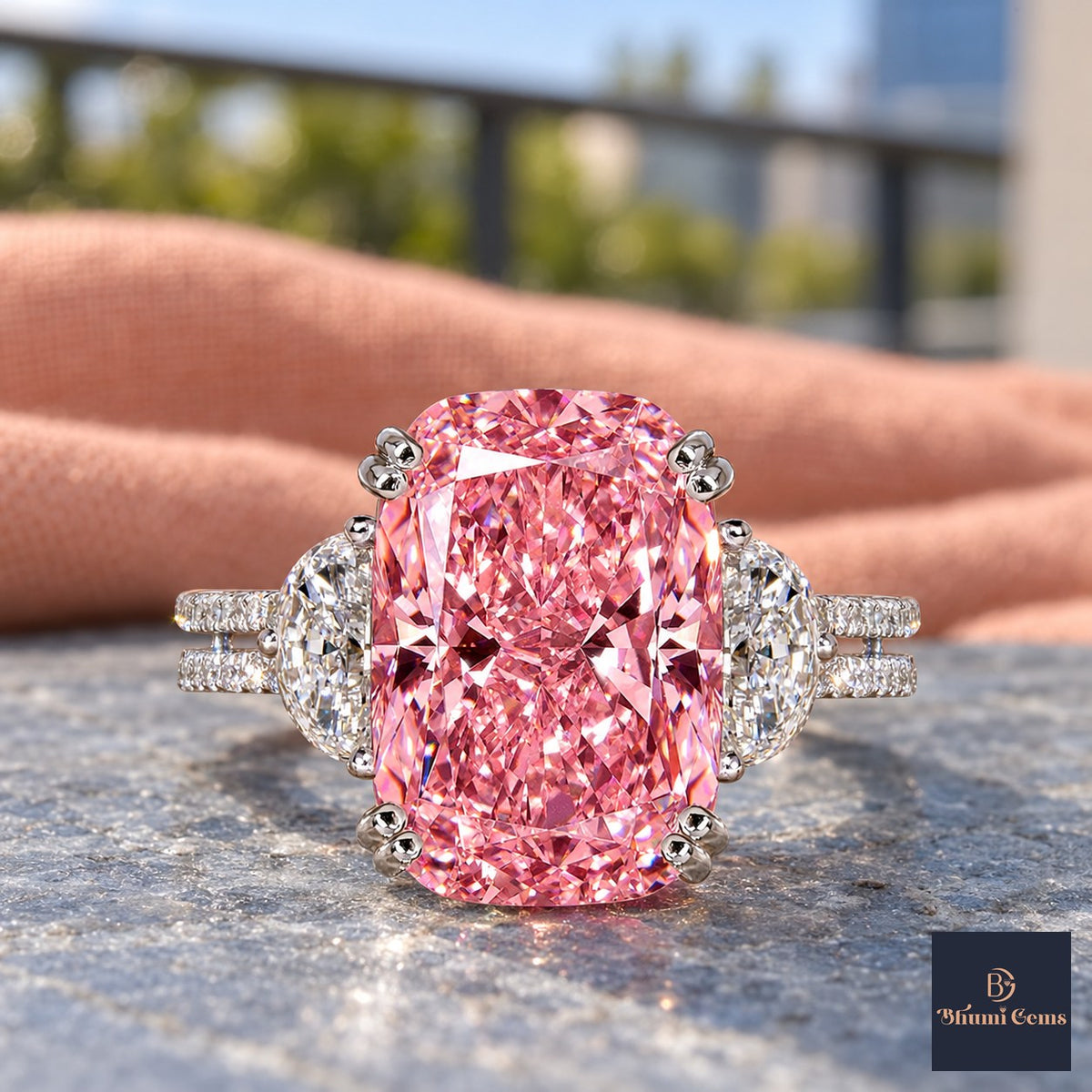 Pink Elongated Cushion Cut Lab Grown Diamond Engagement Ring - Half Moon Split Shank in white gold, close-up