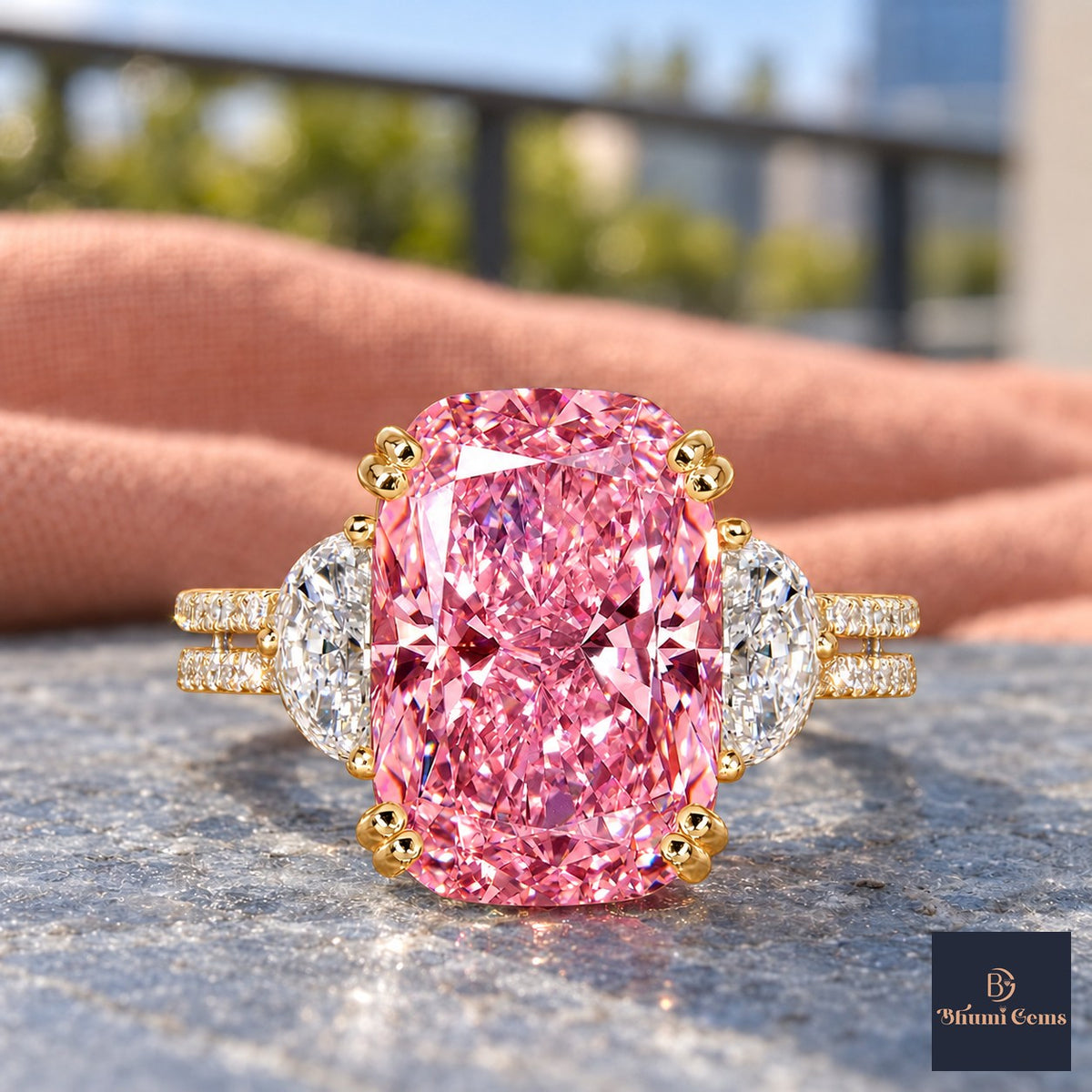 Pink Elongated Cushion Cut Lab Grown Diamond Engagement Ring - Half Moon Split Shank in yellow gold, close-up