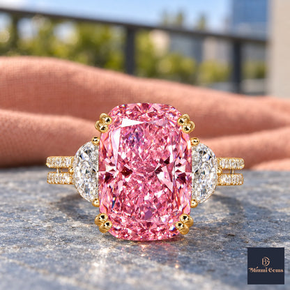 Pink Elongated Cushion Cut Lab Grown Diamond Engagement Ring - Half Moon Split Shank in yellow gold, close-up