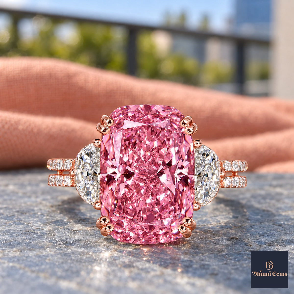 Pink Elongated Cushion Cut Lab Grown Diamond Engagement Ring - Half Moon Split Shank in rose gold, close-up