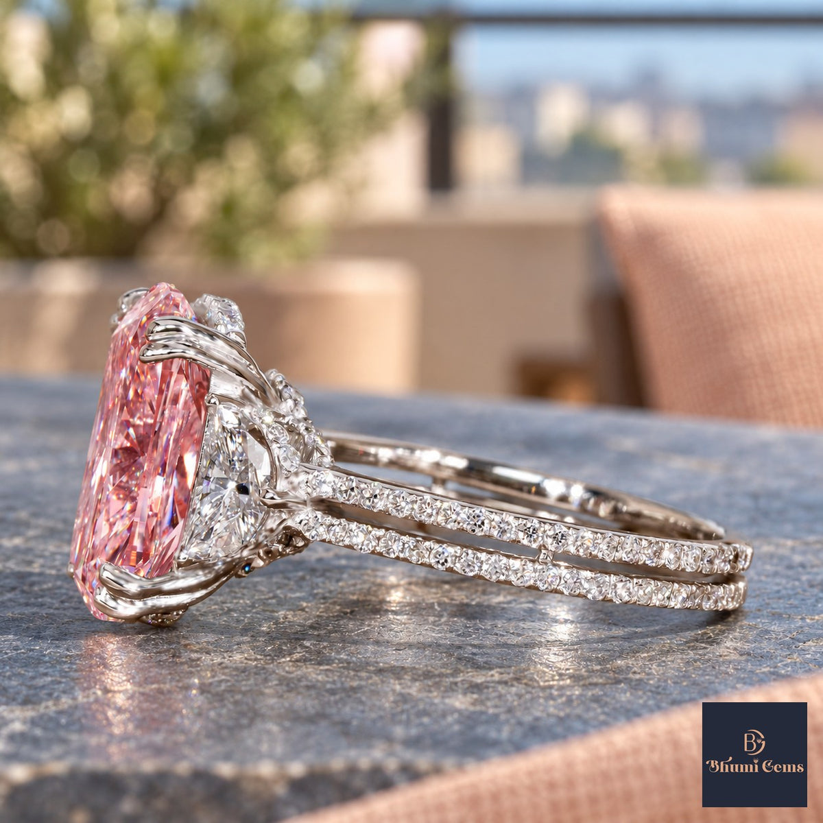 Pink Elongated Cushion Cut Lab Grown Diamond Engagement Ring - Half Moon Split Shank in white gold, side view