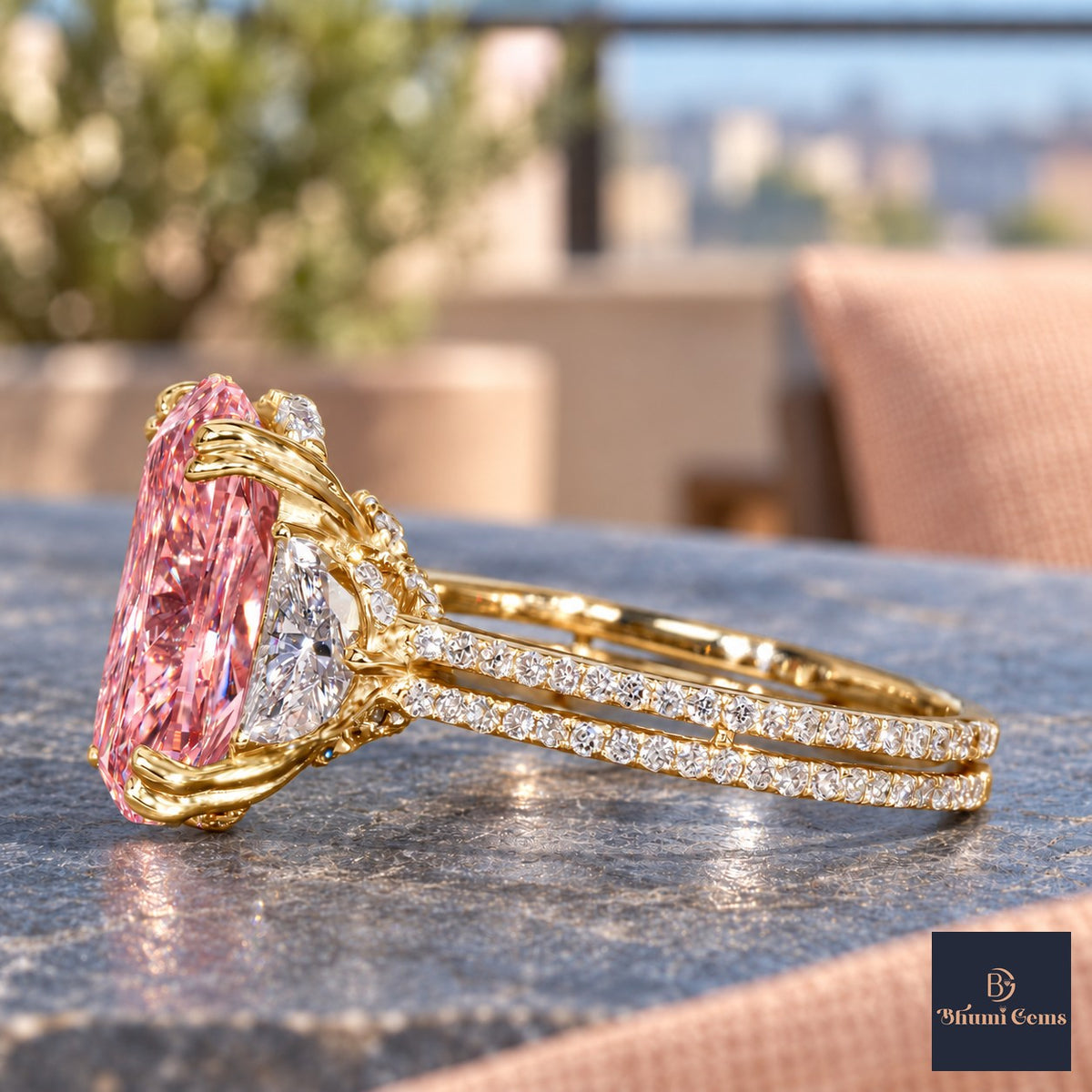 Pink Elongated Cushion Cut Lab Grown Diamond Engagement Ring - Half Moon Split Shank in yellow gold, side view