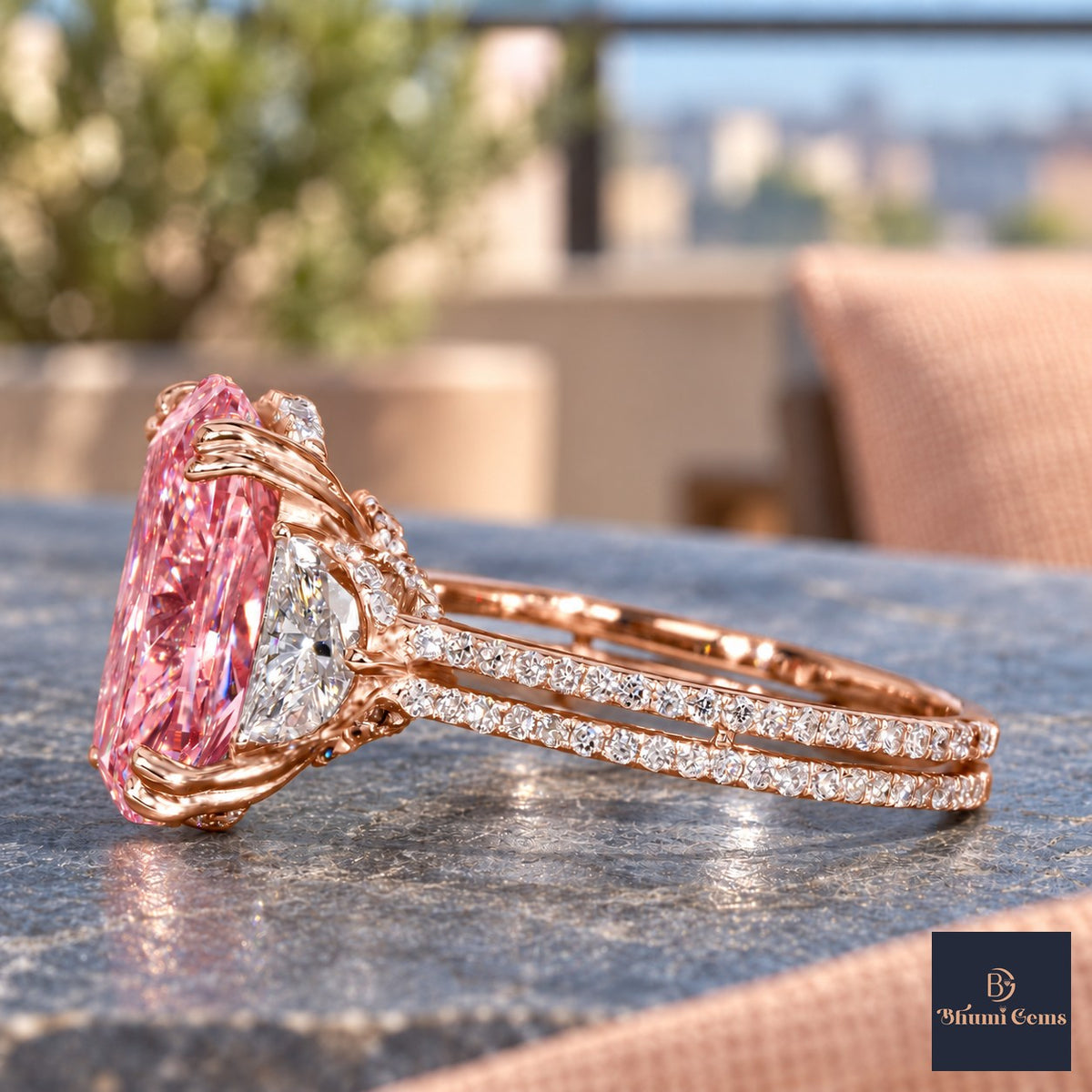 Pink Elongated Cushion Cut Lab Grown Diamond Engagement Ring - Half Moon Split Shank in rose gold, side view