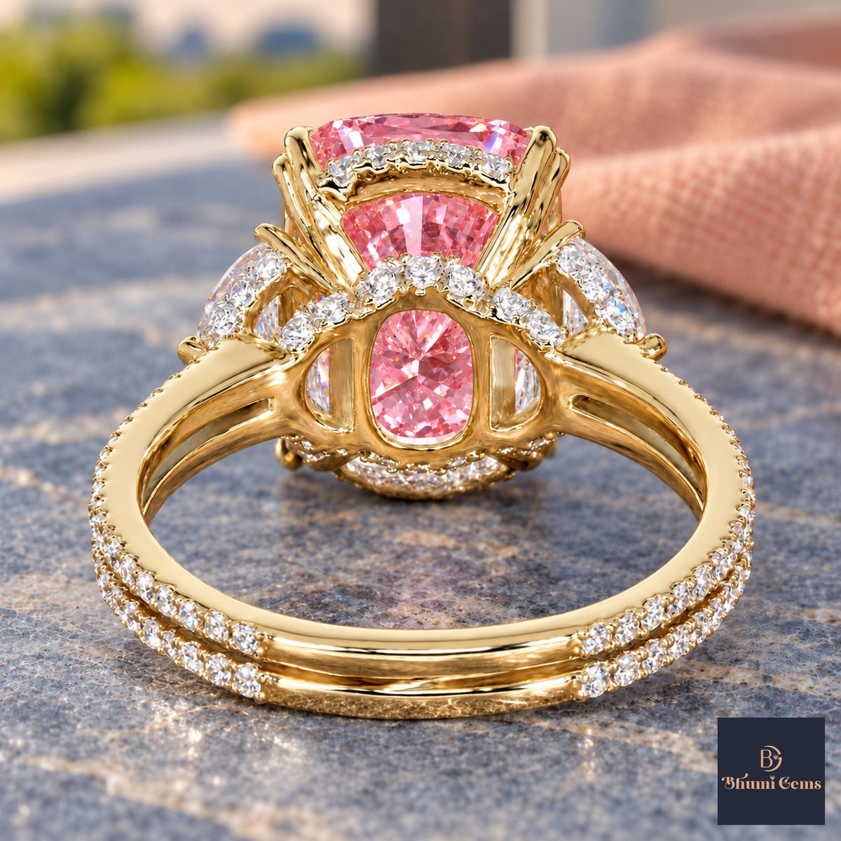 Pink Elongated Cushion Cut Lab Grown Diamond Engagement Ring - Half Moon Split Shank in yellow gold, gallery view