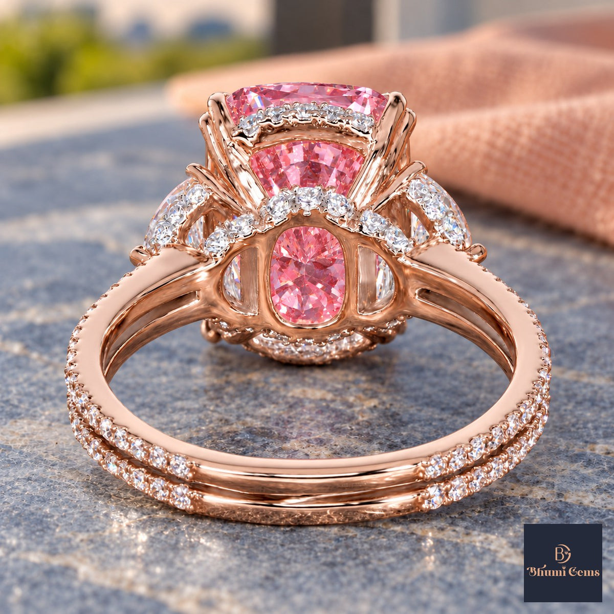 Pink Elongated Cushion Cut Lab Grown Diamond Engagement Ring - Half Moon Split Shank in rose gold, gallery view