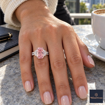 Pink Elongated Cushion Cut Lab Grown Diamond Engagement Ring - Half Moon Split Shank in white gold, on the hand