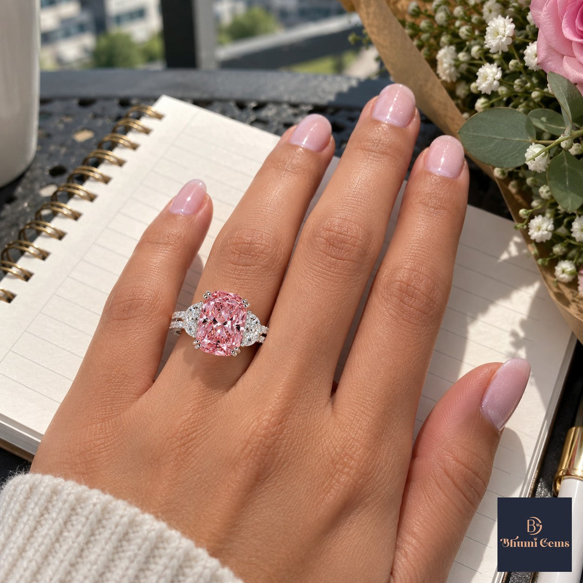 Pink Elongated Cushion Cut Lab Grown Diamond Engagement Ring - Half Moon Split Shank in white gold, worn on the hand