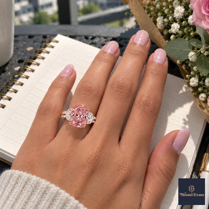 Pink Elongated Cushion Cut Lab Grown Diamond Engagement Ring - Half Moon Split Shank in rose gold, worn on the hand