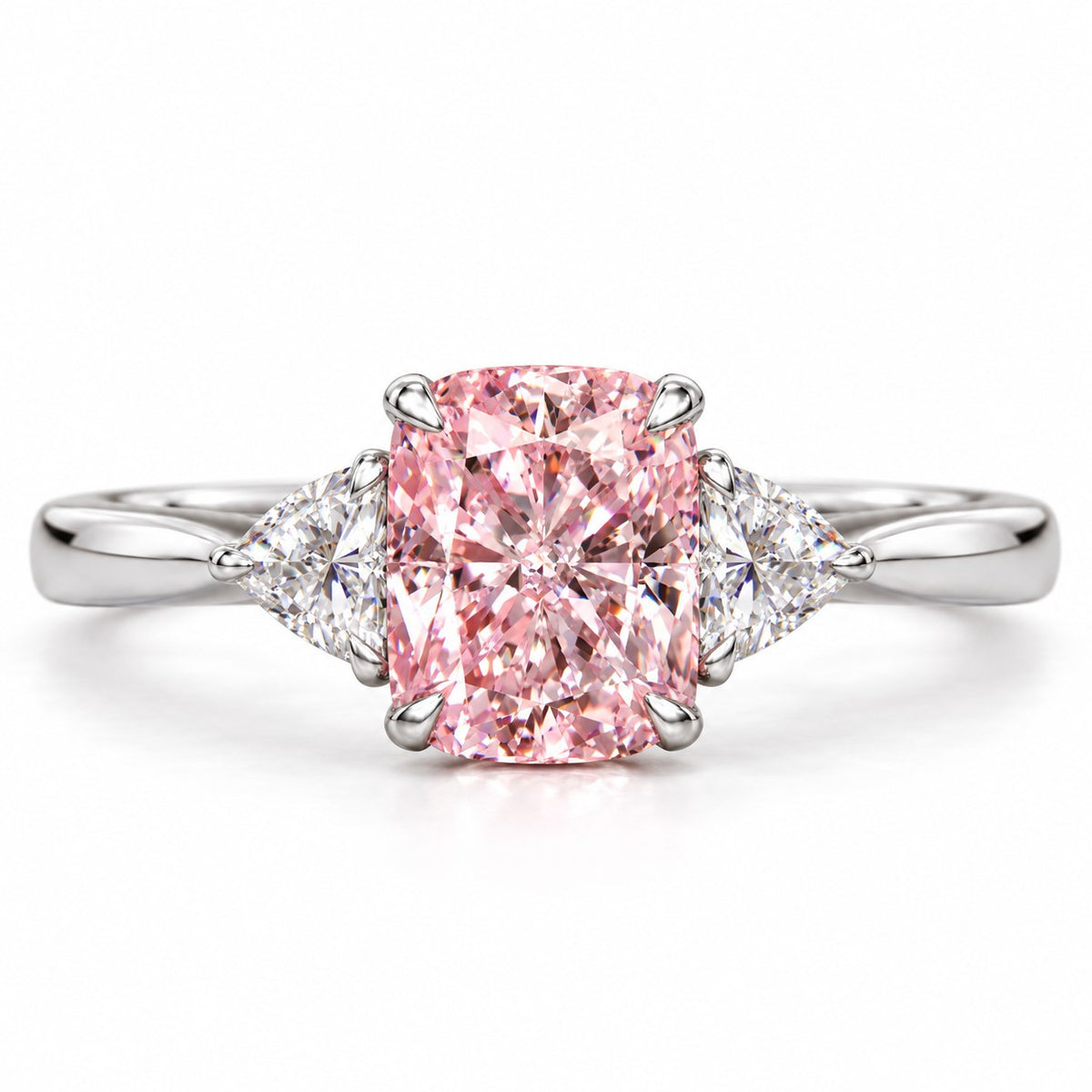 Pink Elongated Cushion Cut Lab Grown Diamond Engagement Ring - Trillion Three Stone in white gold, front view