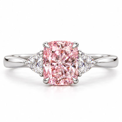 Pink Elongated Cushion Cut Lab Grown Diamond Engagement Ring - Trillion Three Stone in white gold, front view