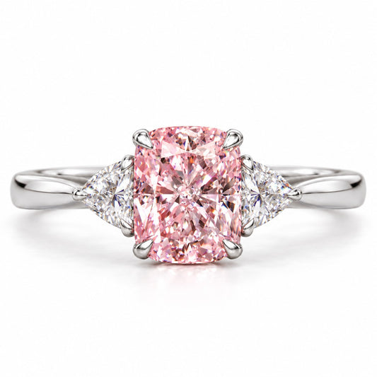 Pink Elongated Cushion Cut Lab Grown Diamond Engagement Ring - Trillion Three Stone in white gold, front view