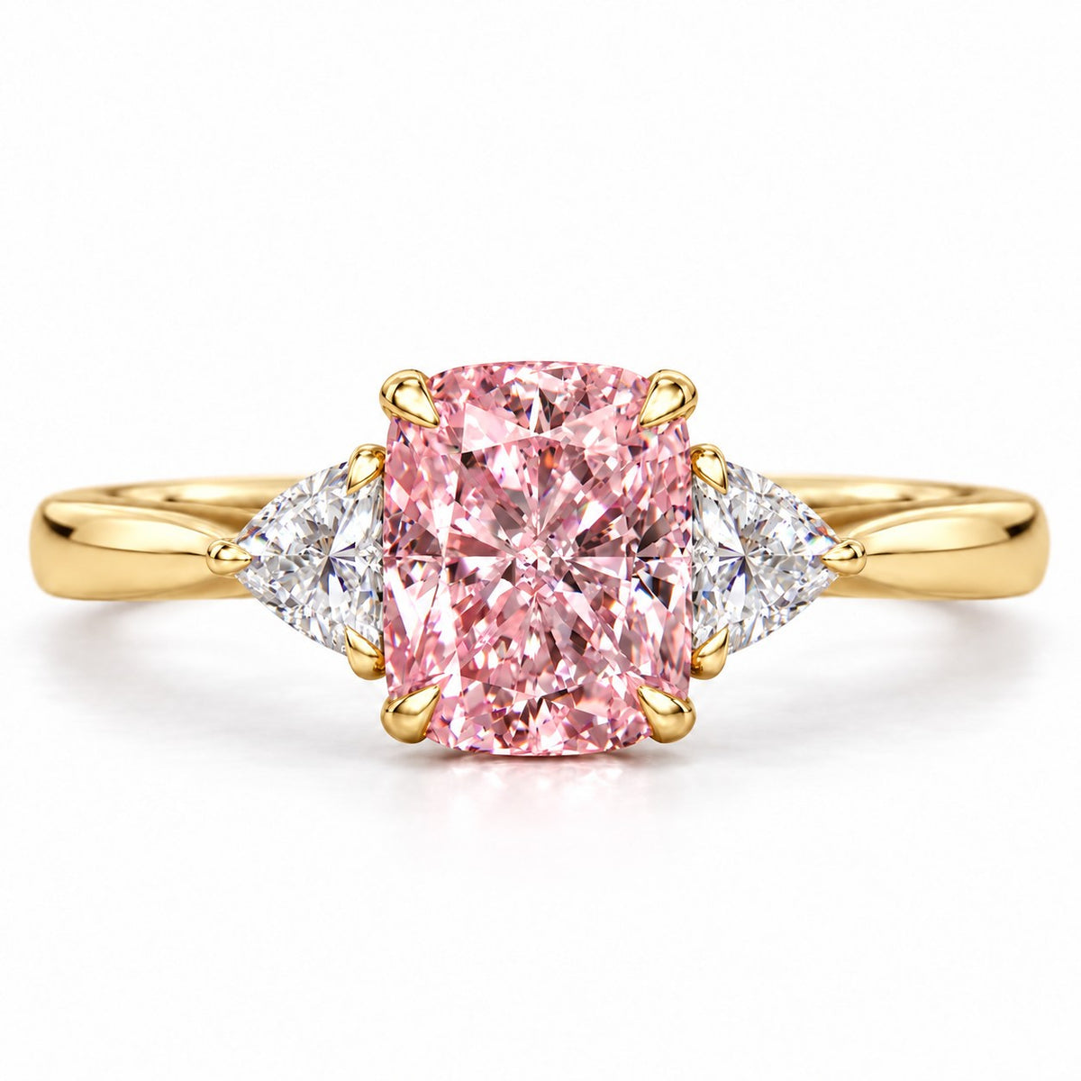 Pink Elongated Cushion Cut Lab Grown Diamond Engagement Ring - Trillion Three Stone in yellow gold, front view