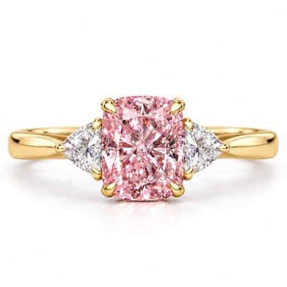 Pink Elongated Cushion Cut Lab Grown Diamond Engagement Ring - Trillion Three Stone in yellow gold, front view