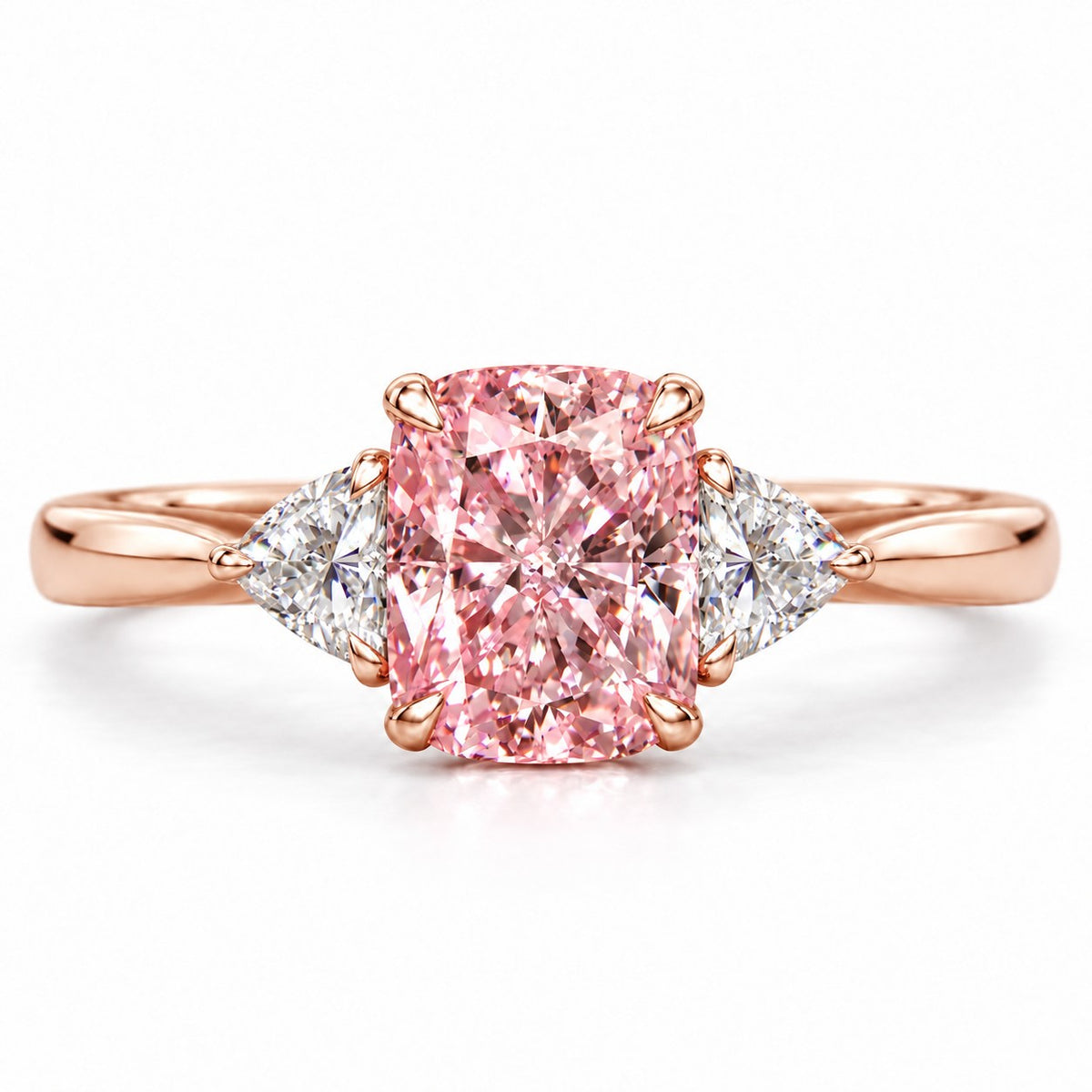 Pink Elongated Cushion Cut Lab Grown Diamond Engagement Ring - Trillion Three Stone in rose gold, front view