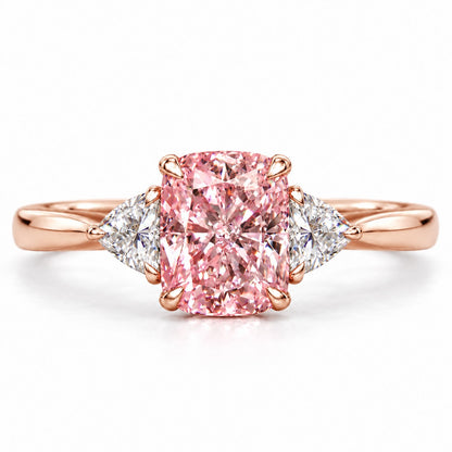 Pink Elongated Cushion Cut Lab Grown Diamond Engagement Ring - Trillion Three Stone in rose gold, front view