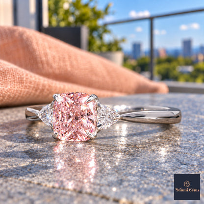 Pink Elongated Cushion Cut Lab Grown Diamond Engagement Ring - Trillion Three Stone in white gold, close-up
