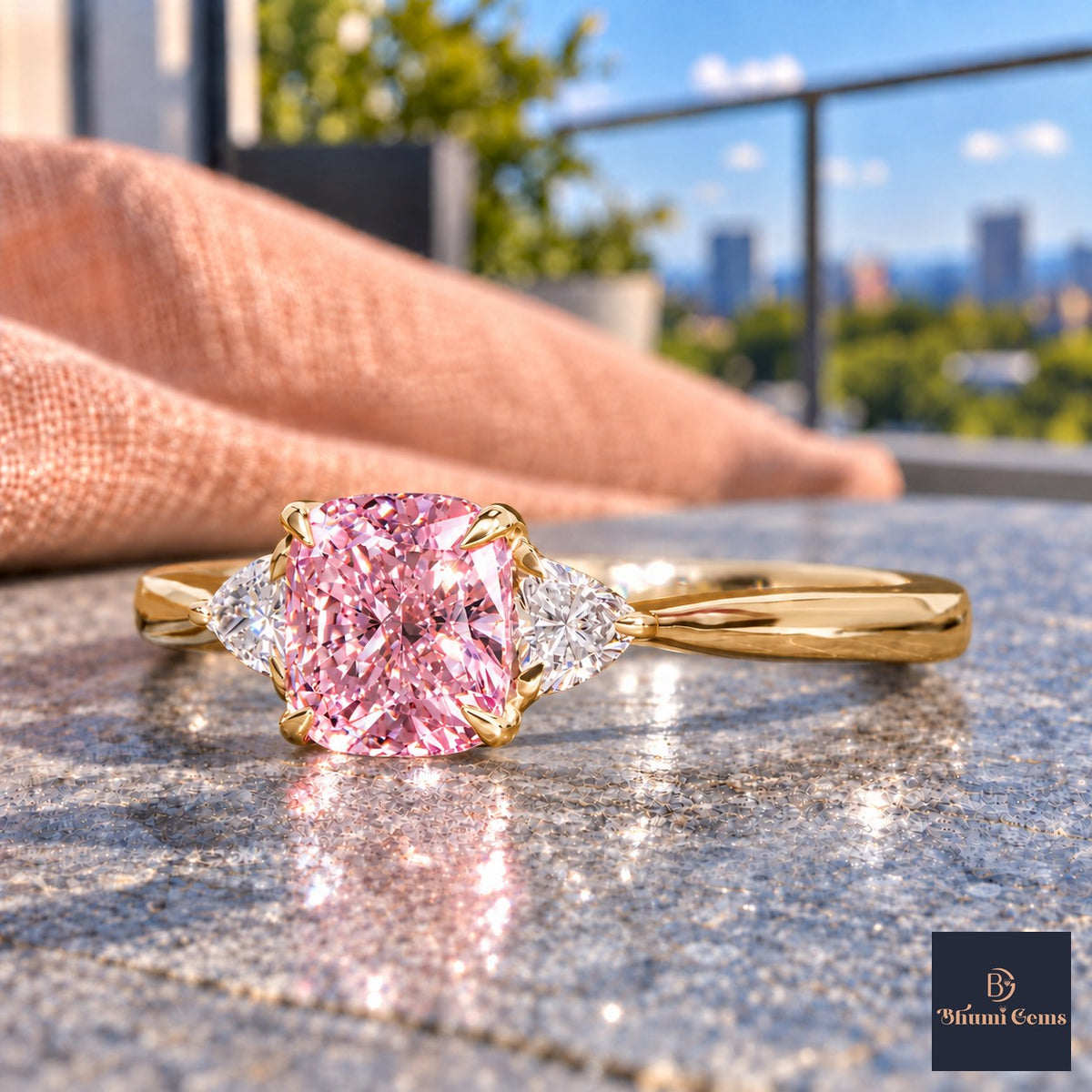 Pink Elongated Cushion Cut Lab Grown Diamond Engagement Ring - Trillion Three Stone in yellow gold, close-up