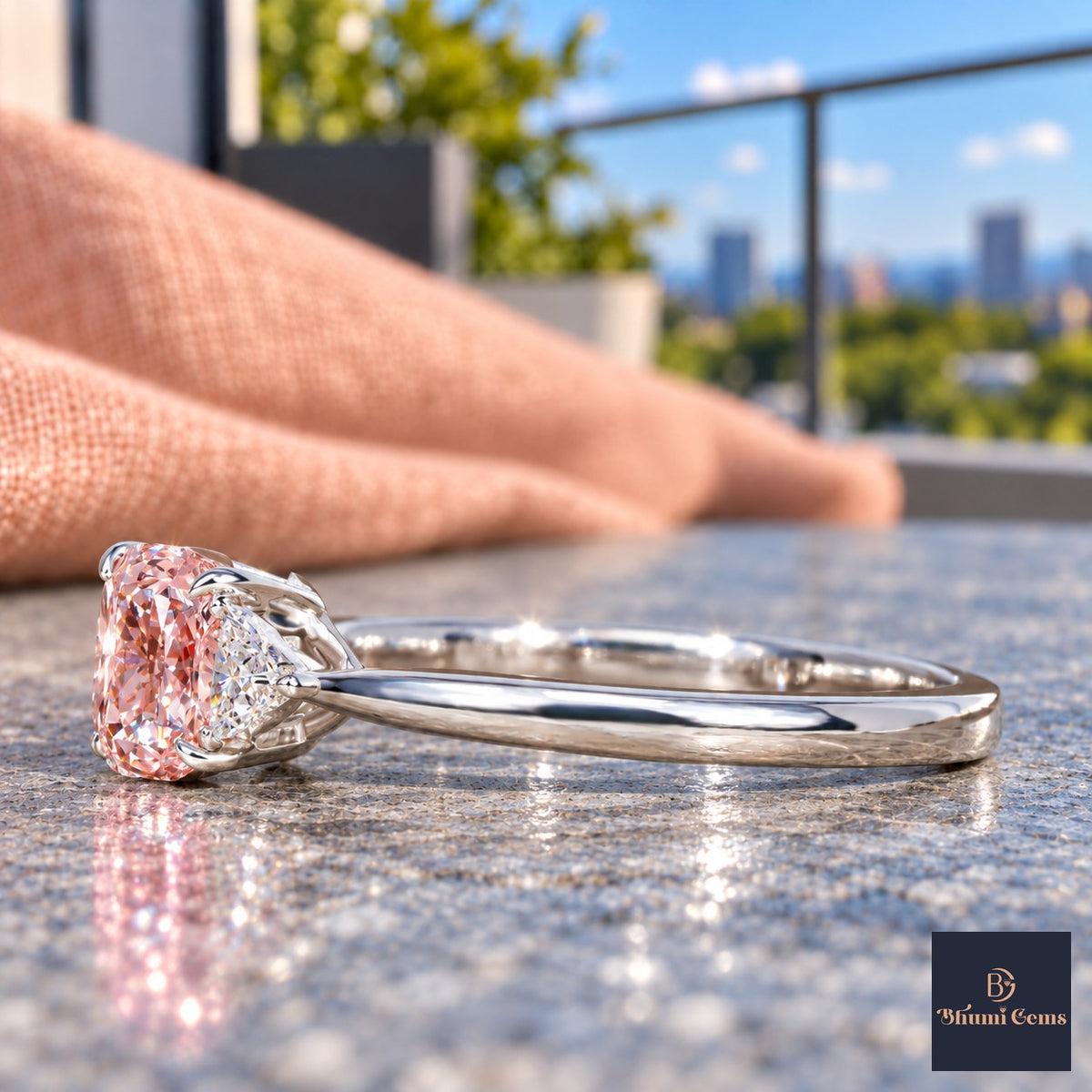 Pink Elongated Cushion Cut Lab Grown Diamond Engagement Ring - Trillion Three Stone in white gold, side view