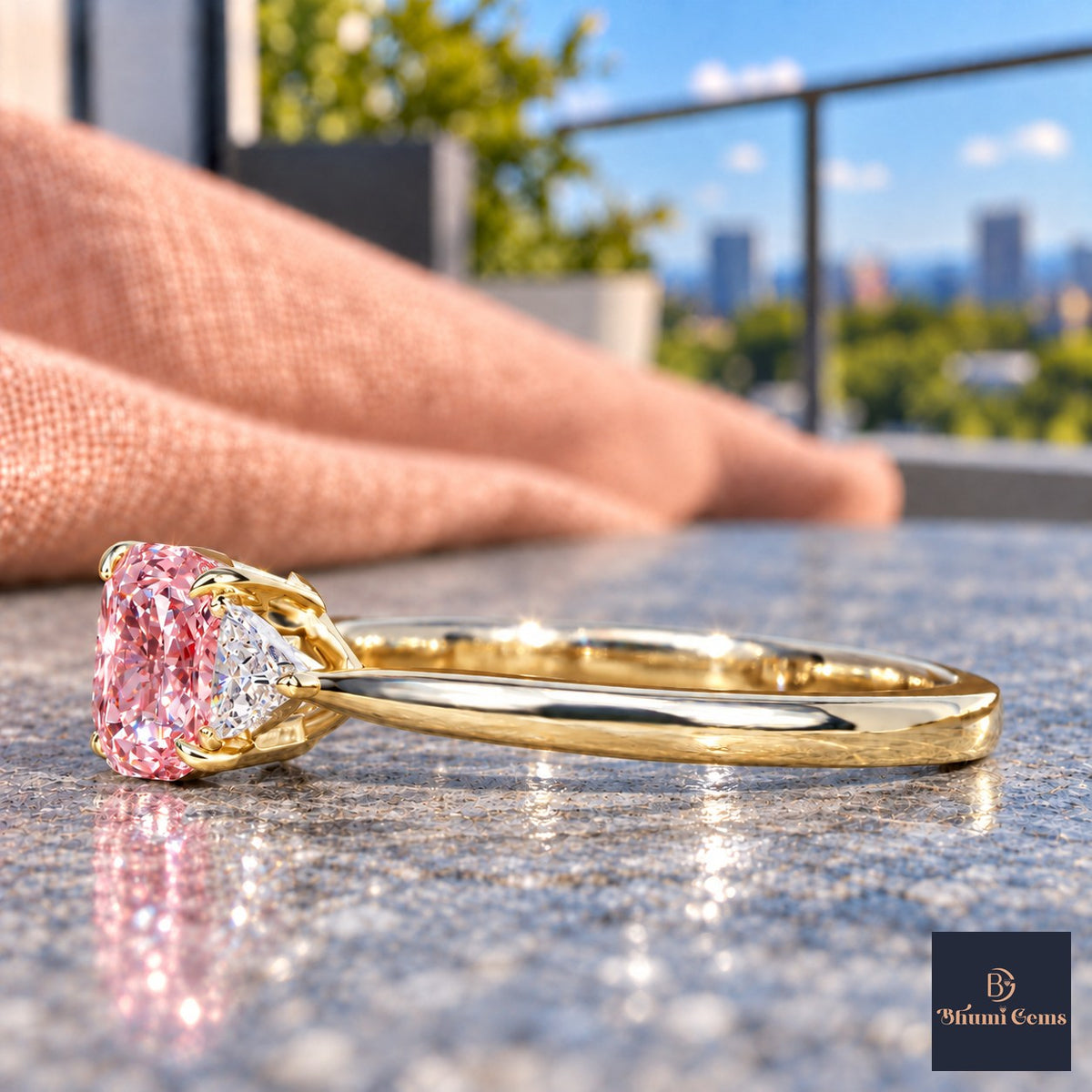 Pink Elongated Cushion Cut Lab Grown Diamond Engagement Ring - Trillion Three Stone in yellow gold, side view