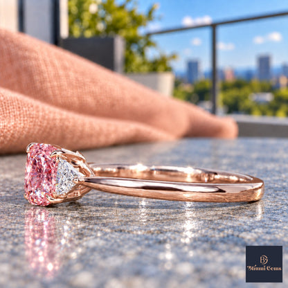 Pink Elongated Cushion Cut Lab Grown Diamond Engagement Ring - Trillion Three Stone in rose gold, side view