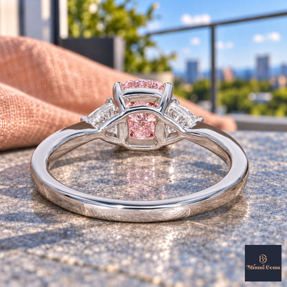 Pink Elongated Cushion Cut Lab Grown Diamond Engagement Ring - Trillion Three Stone in white gold, gallery view