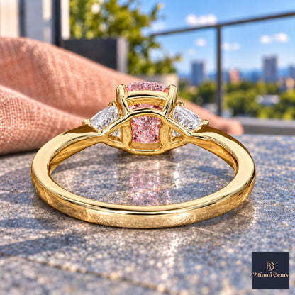 Pink Elongated Cushion Cut Lab Grown Diamond Engagement Ring - Trillion Three Stone in yellow gold, gallery view