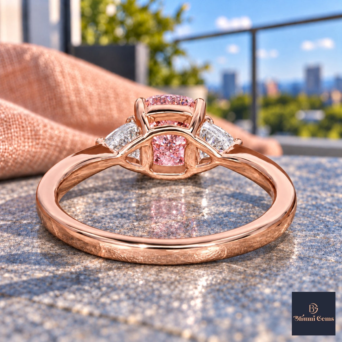 Pink Elongated Cushion Cut Lab Grown Diamond Engagement Ring - Trillion Three Stone in rose gold, gallery view