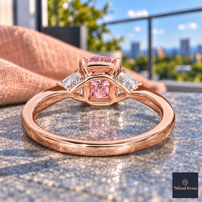 Pink Elongated Cushion Cut Lab Grown Diamond Engagement Ring - Trillion Three Stone in rose gold, gallery view
