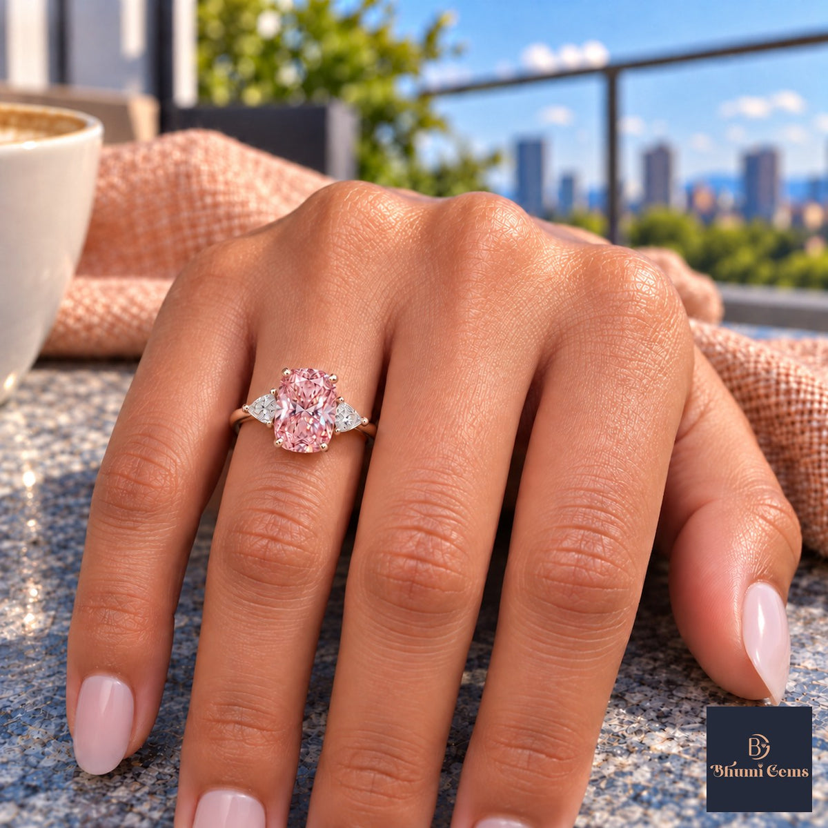 Pink Elongated Cushion Cut Lab Grown Diamond Engagement Ring - Trillion Three Stone in rose gold, on the hand