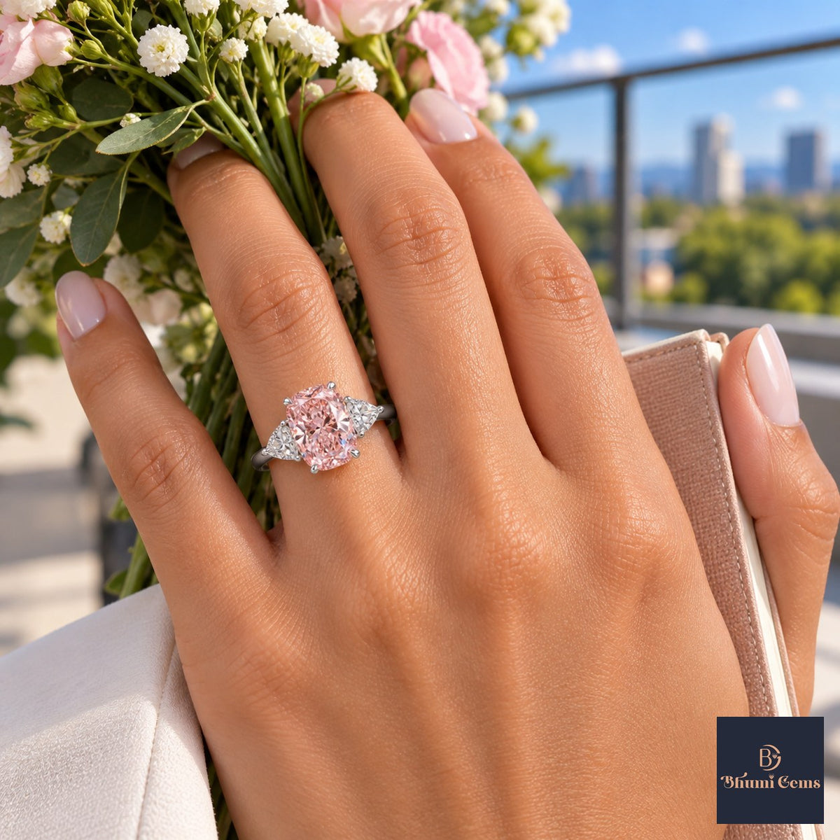 Pink Elongated Cushion Cut Lab Grown Diamond Engagement Ring - Trillion Three Stone in white gold, worn on the hand