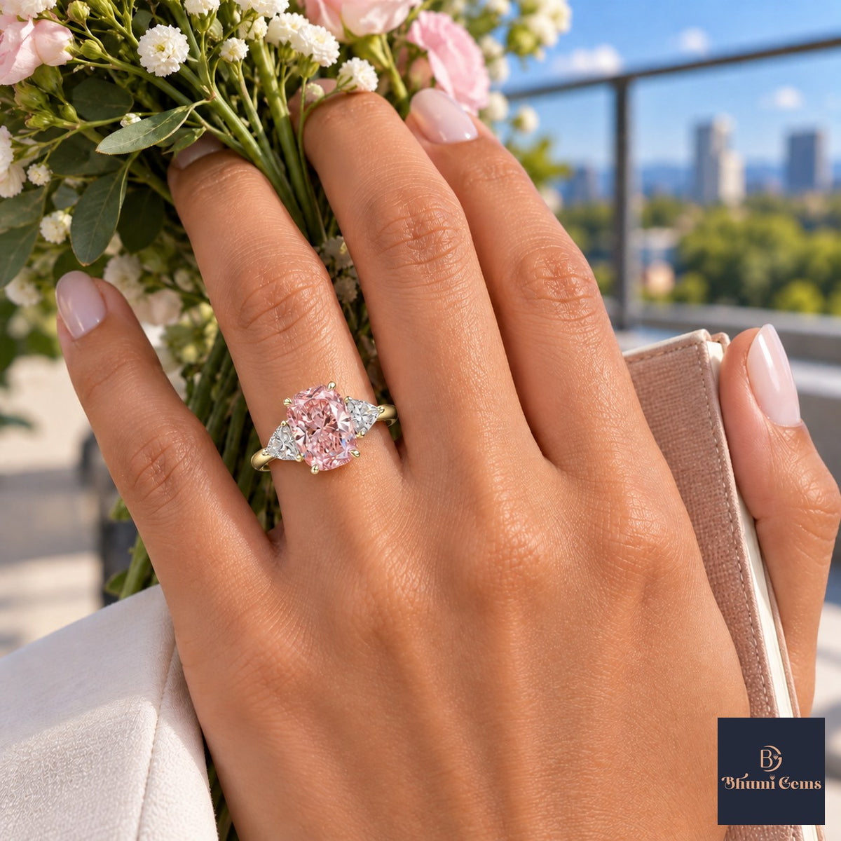 Pink Elongated Cushion Cut Lab Grown Diamond Engagement Ring - Trillion Three Stone in yellow gold, worn on the hand