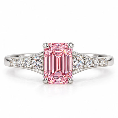 Pink Emerald Cut Lab Grown Diamond Engagement Ring - Graduated Pave Shoulders in white gold, front view