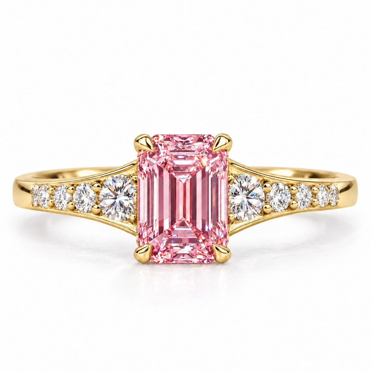 Pink Emerald Cut Lab Grown Diamond Engagement Ring - Graduated Pave Shoulders in yellow gold, front view