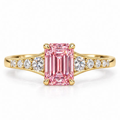Pink Emerald Cut Lab Grown Diamond Engagement Ring - Graduated Pave Shoulders in yellow gold, front view