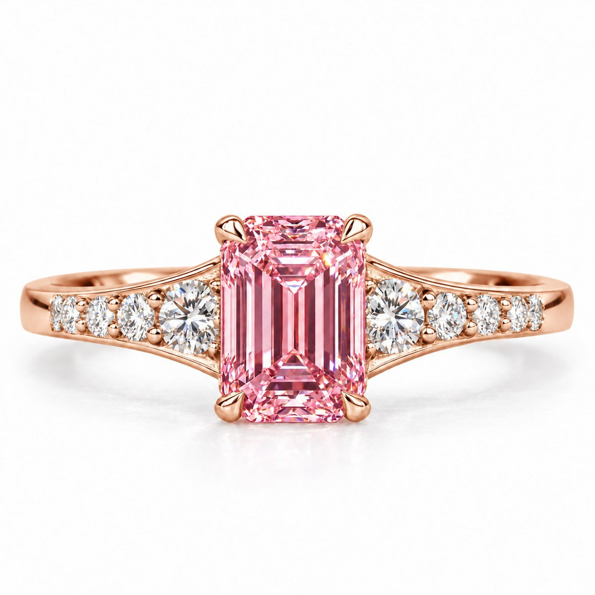 Pink Emerald Cut Lab Grown Diamond Engagement Ring - Graduated Pave Shoulders in rose gold, front view