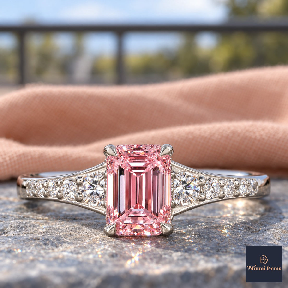 Pink Emerald Cut Lab Grown Diamond Engagement Ring - Graduated Pave Shoulders in white gold, close-up