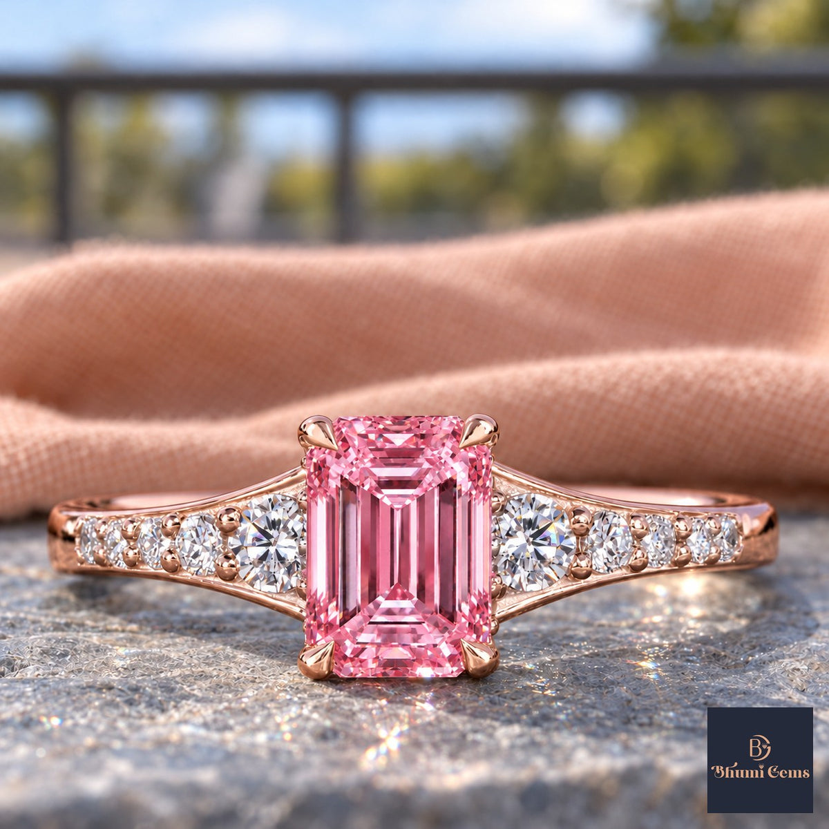 Pink Emerald Cut Lab Grown Diamond Engagement Ring - Graduated Pave Shoulders in rose gold, close-up