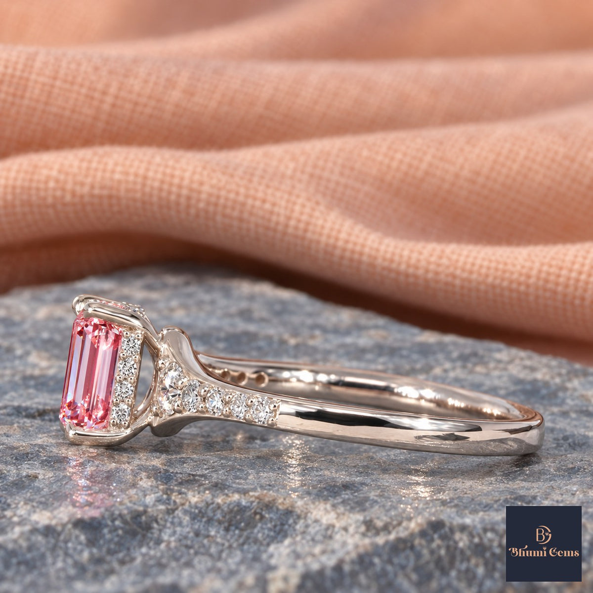 Pink Emerald Cut Lab Grown Diamond Engagement Ring - Graduated Pave Shoulders in white gold, side view