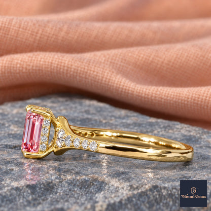Pink Emerald Cut Lab Grown Diamond Engagement Ring - Graduated Pave Shoulders in yellow gold, side view