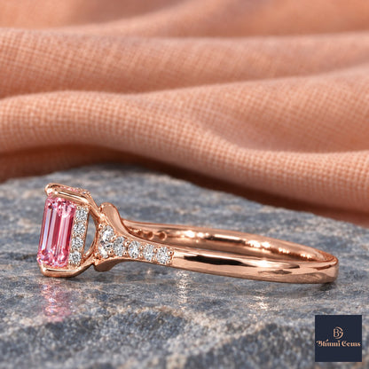 Pink Emerald Cut Lab Grown Diamond Engagement Ring - Graduated Pave Shoulders in rose gold, side view
