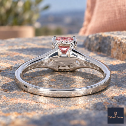 Pink Emerald Cut Lab Grown Diamond Engagement Ring - Graduated Pave Shoulders in white gold, gallery view