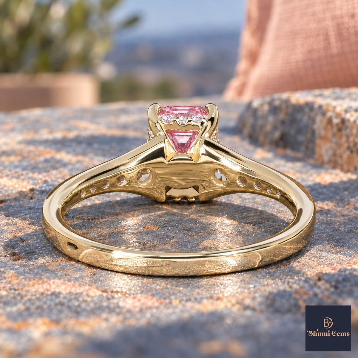 Pink Emerald Cut Lab Grown Diamond Engagement Ring - Graduated Pave Shoulders in yellow gold, gallery view