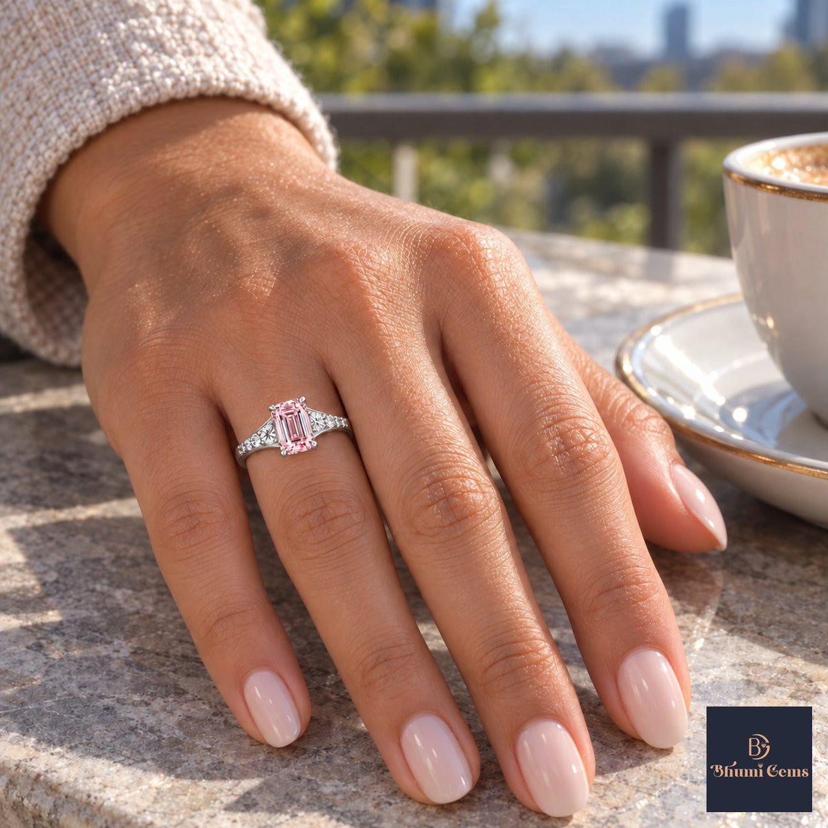 Pink Emerald Cut Lab Grown Diamond Engagement Ring - Graduated Pave Shoulders in white gold, on the hand