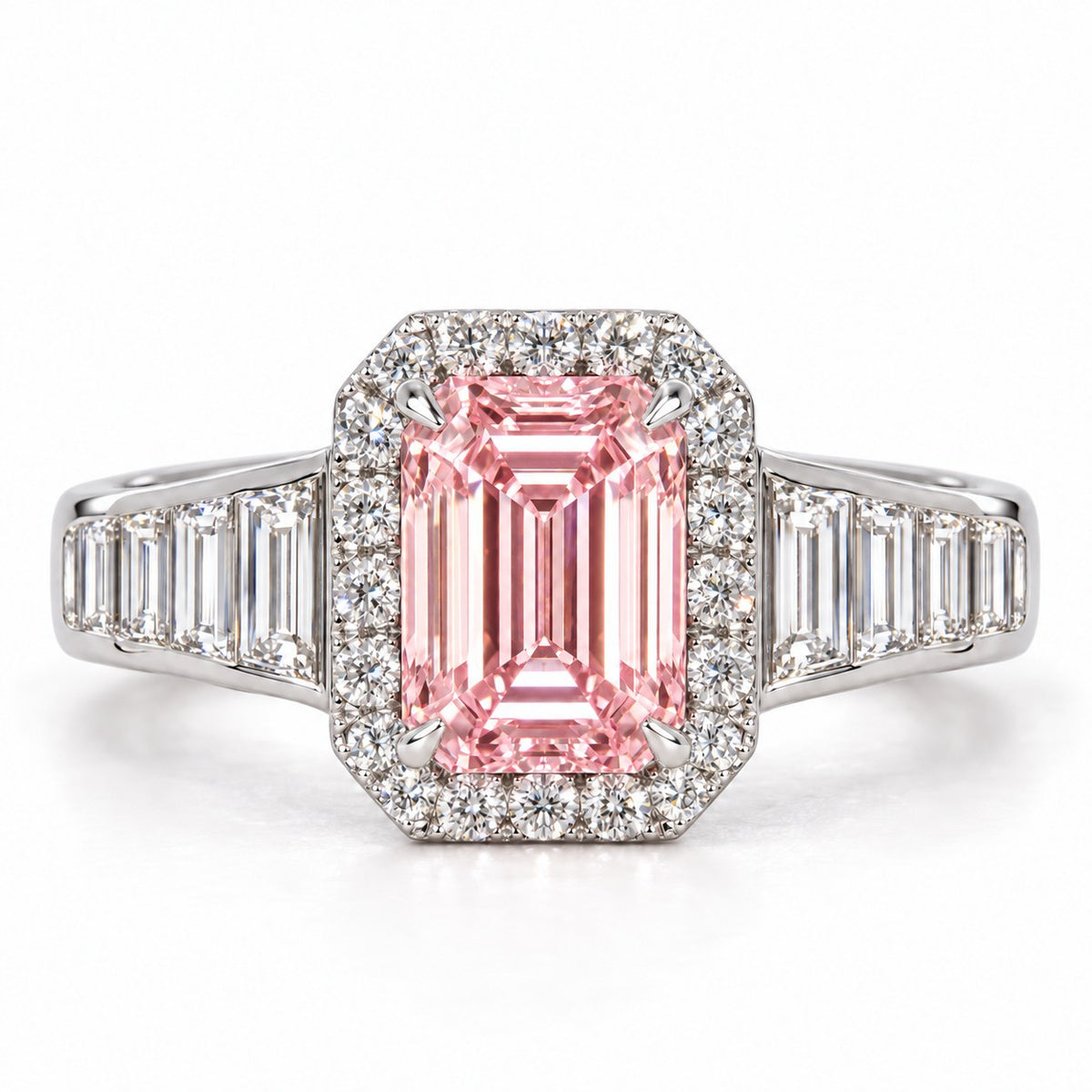 Pink Emerald Cut Lab Grown Diamond Engagement Ring - Halo and Baguette Shoulders in white gold, front view